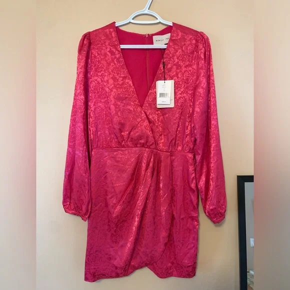 🌸ADELYN RAE💗hot pink silk floral Lindsey Wrap Jacquard Mini wrap Dress NWT - Picture 7 of 16